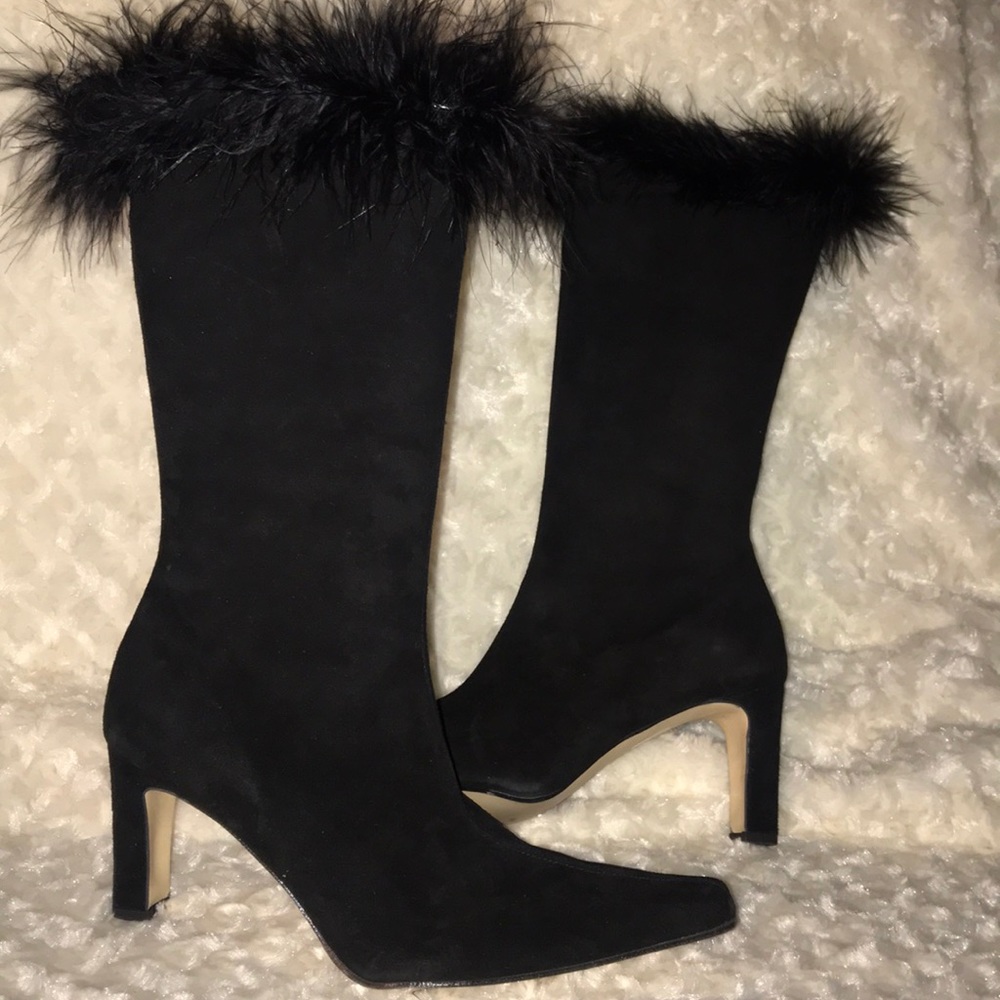 Black Suede Calf Boots With A Fur Trim